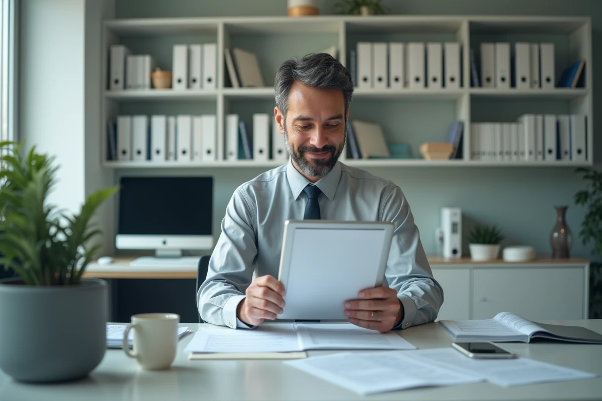 Administrateur hospitalier consultant des documents de transfert de patient sur une tablette dans un bureau médical