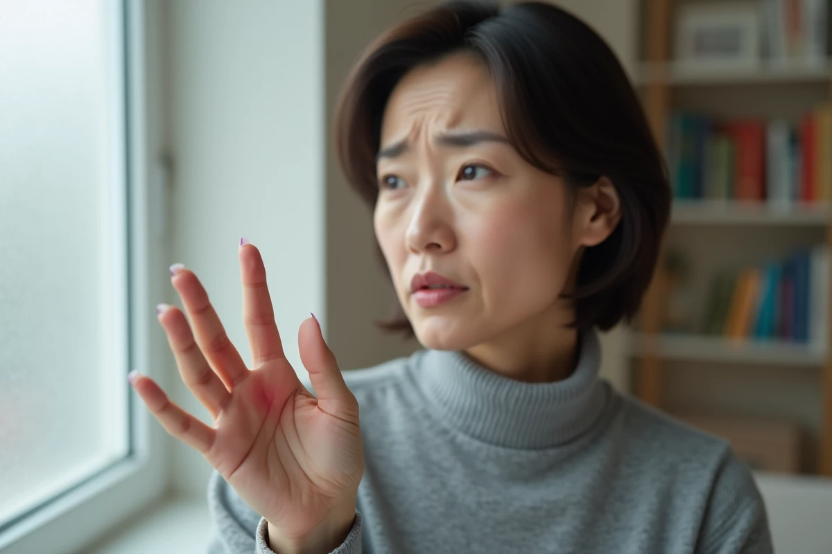 Femme examinant une réaction allergique autour de ses ongles en porcelaine, rougeur cutanée visible à la base des ongles artificiels