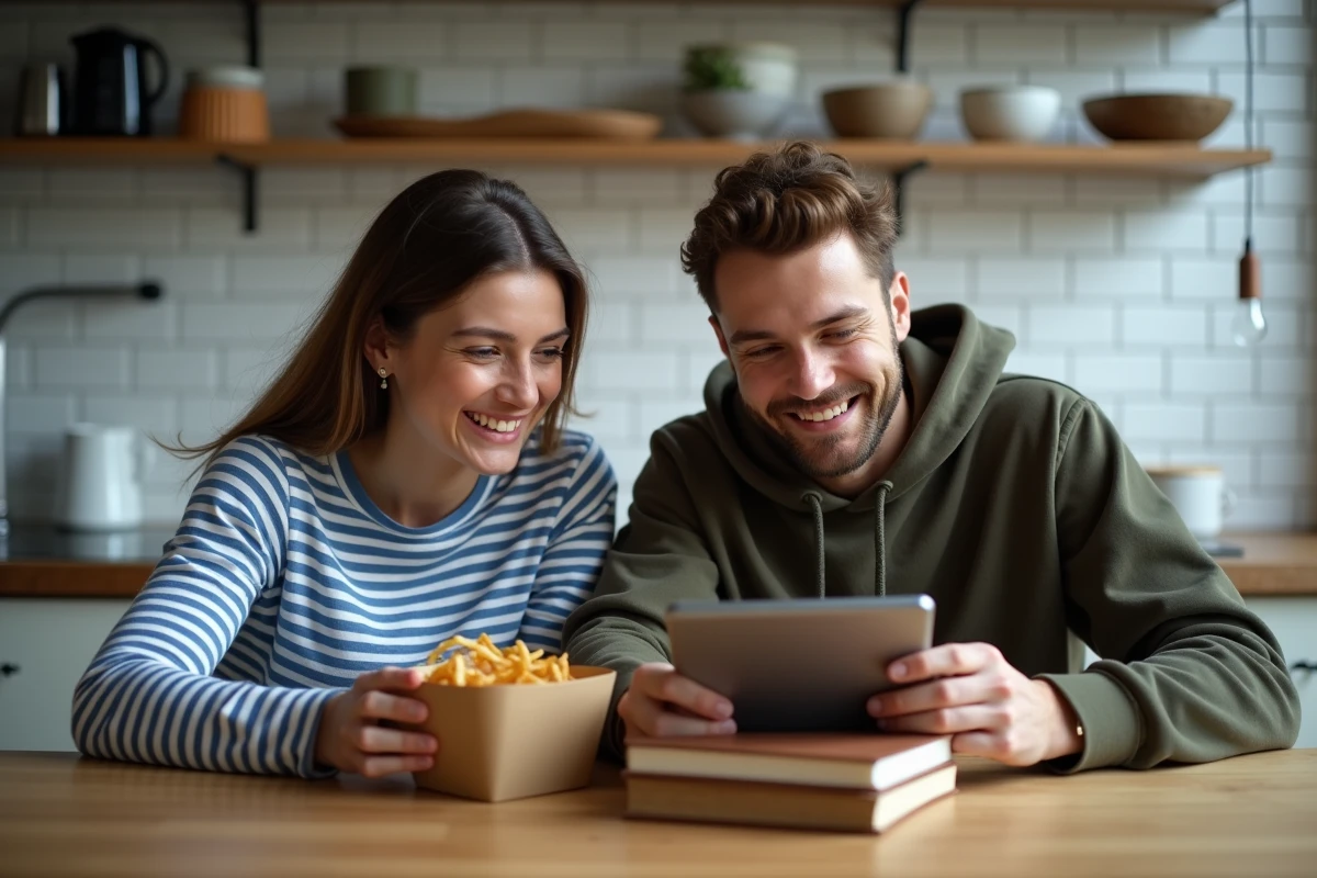Deux amis regardant une série en streaming sur une tablette ensemble dans une cuisine moderne en mangeant
