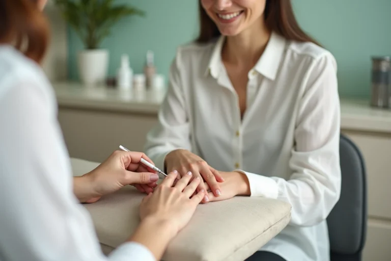 Pose d'ongles en porcelaine dans un salon de manucure moderne, mains d'une femme sur un coussin beige pendant l'application du gel