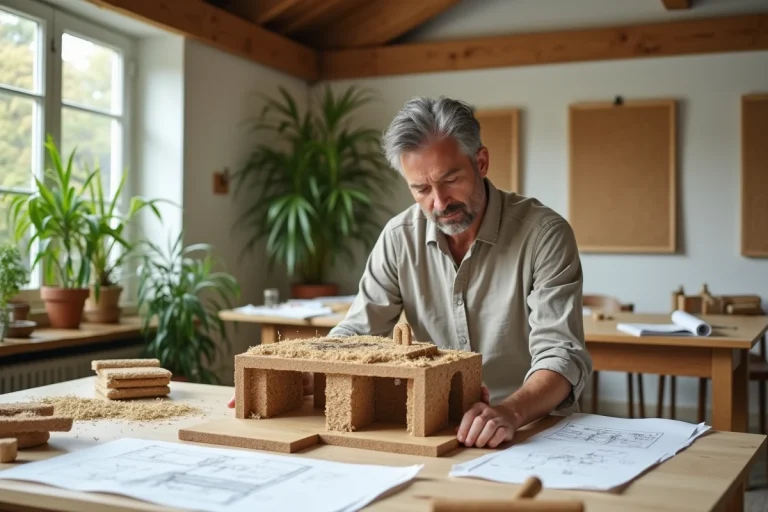 Architecte examinant une maquette de maison écologique avec des matériaux durables comme la paille, le bois recyclé et le liège dans un studio de conception