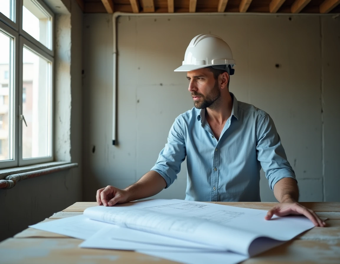 Architecte en chantier examinant des plans de rénovation immobilière dans un appartement en travaux