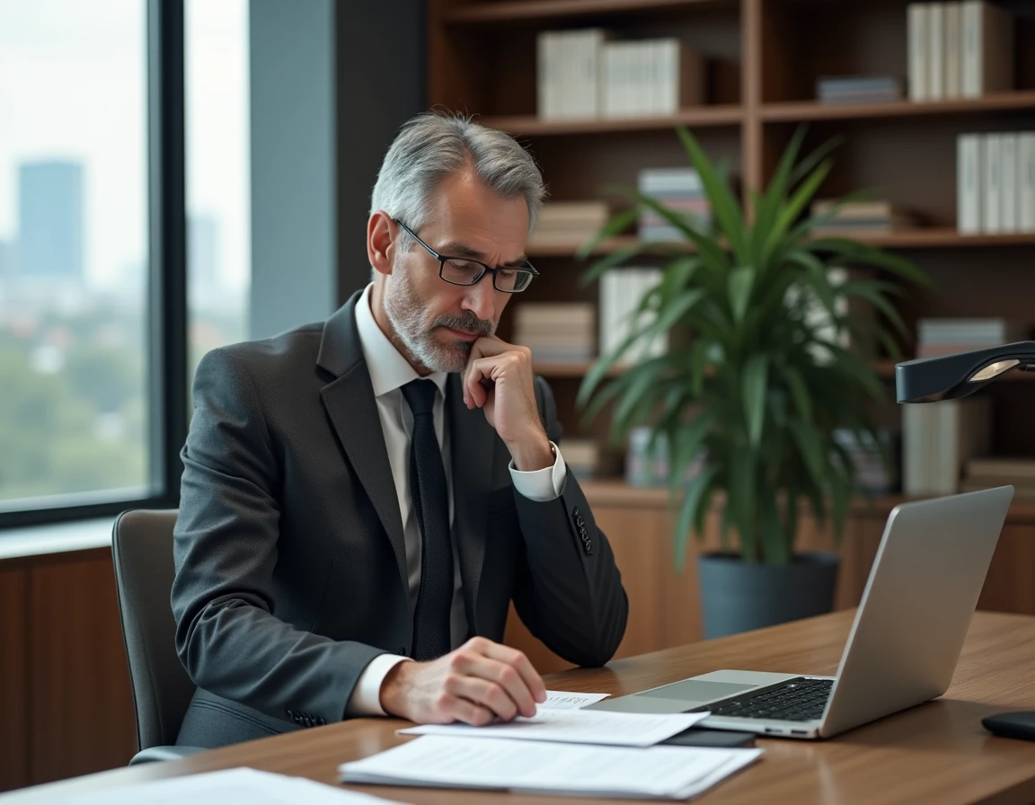 Cadre dirigeant masculin concentré en costume charbon travaillant à son bureau dans un bureau exécutif avec vue panoramique sur la ville
