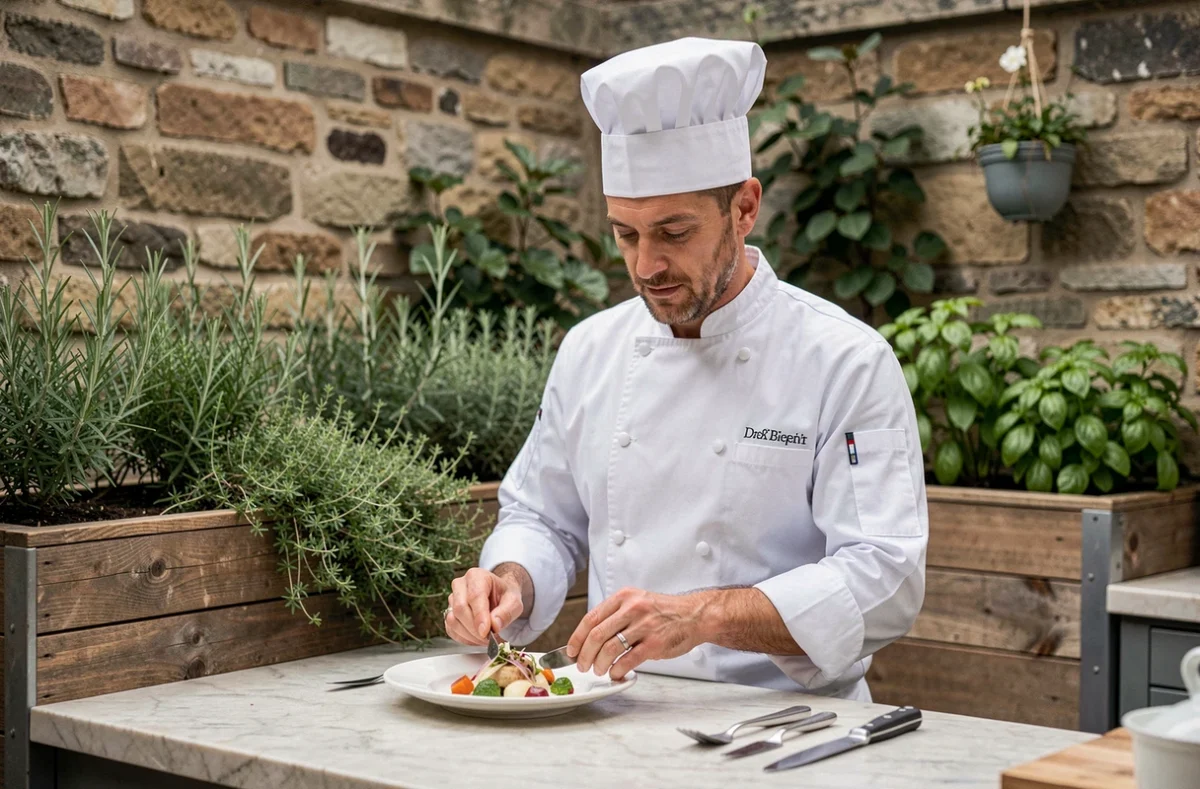 Chef cuisinier dressant une assiette gastronomique raffinée dans un jardin potager avec herbes aromatiques fraîches