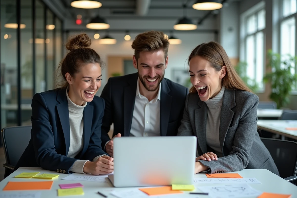 Collègues de bureau hilares devant une actualité surprenante sur un ordinateur portable