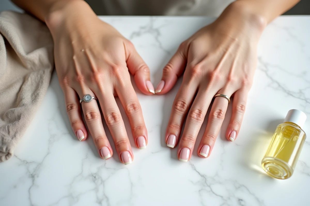 Comparaison entre des ongles abîmés après retrait de porcelaine et des ongles naturels sains traités avec une huile nourrissante