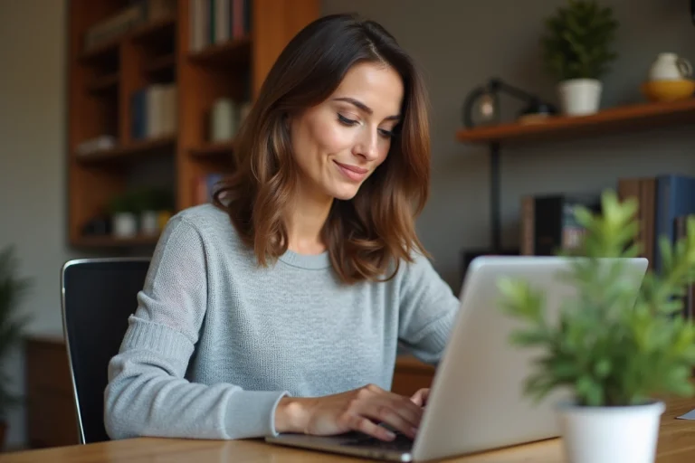 Femme connectée à son compte Overblog sur un ordinateur portable dans un bureau à domicile
