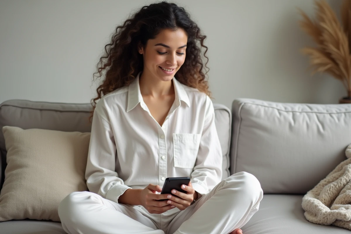 Jeune femme se connectant à Overblog depuis un smartphone sur un canapé