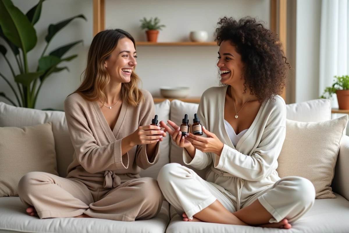 Deux femmes partageant leurs conseils beauté et comparant des sérums sur un canapé en lin dans un salon scandinave