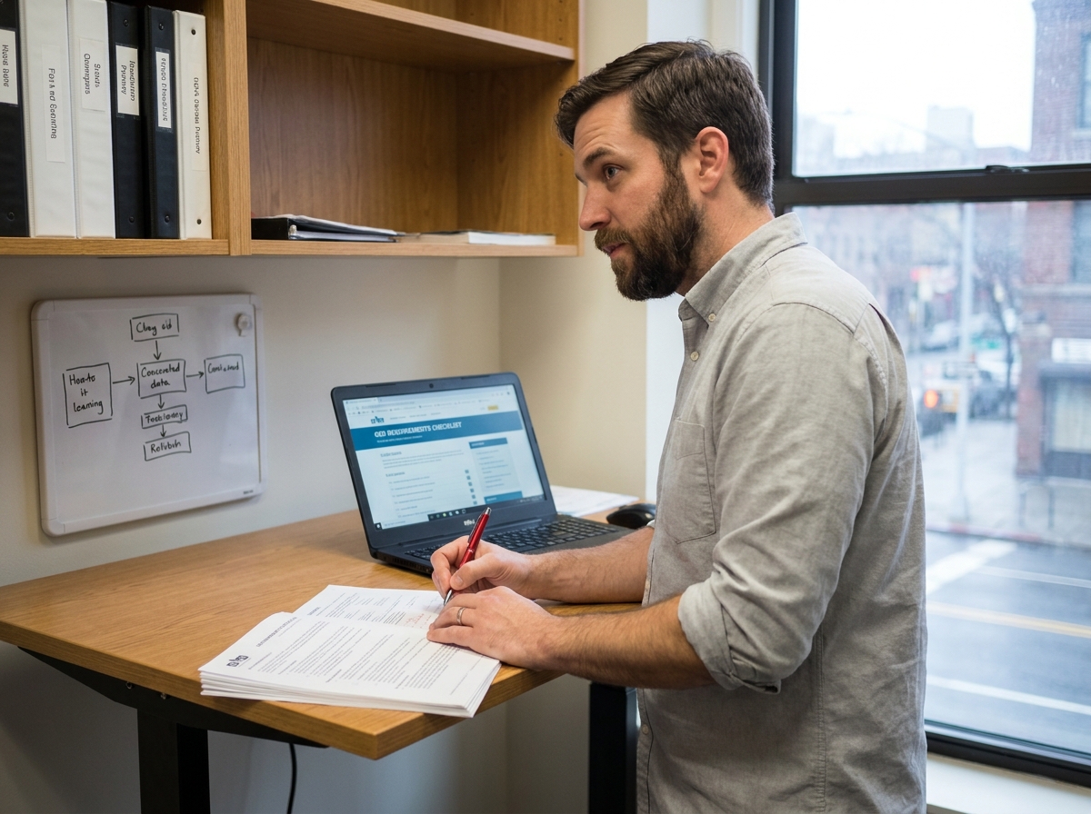 Consultant annotant un cahier des charges GED dans un bureau minimaliste avec documents imprimés