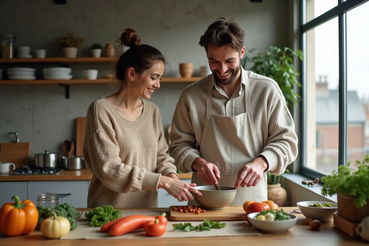 Couple de rappeur français dans leur cuisine moderne, moment du quotidien authentique en famille