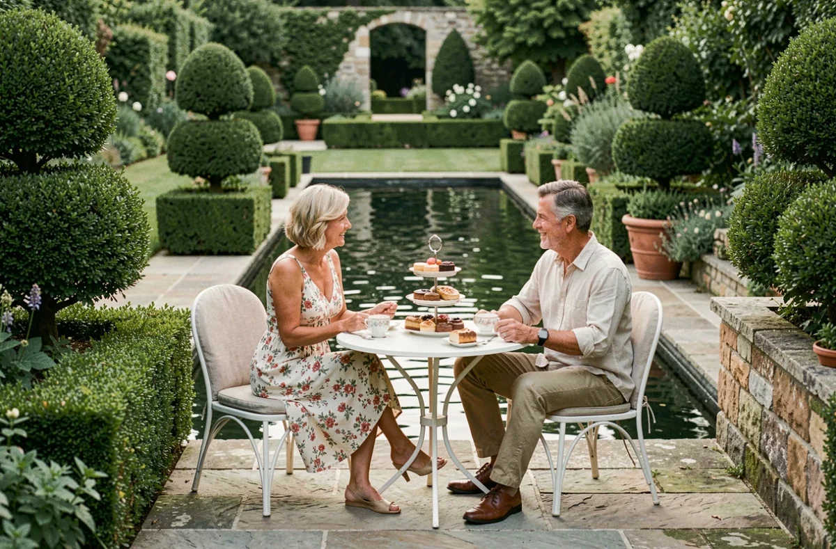 Couple profitant d'un goûter élégant sur une terrasse en pierre entourée de topiaires et d'un bassin réfléchissant dans un jardin d'exception