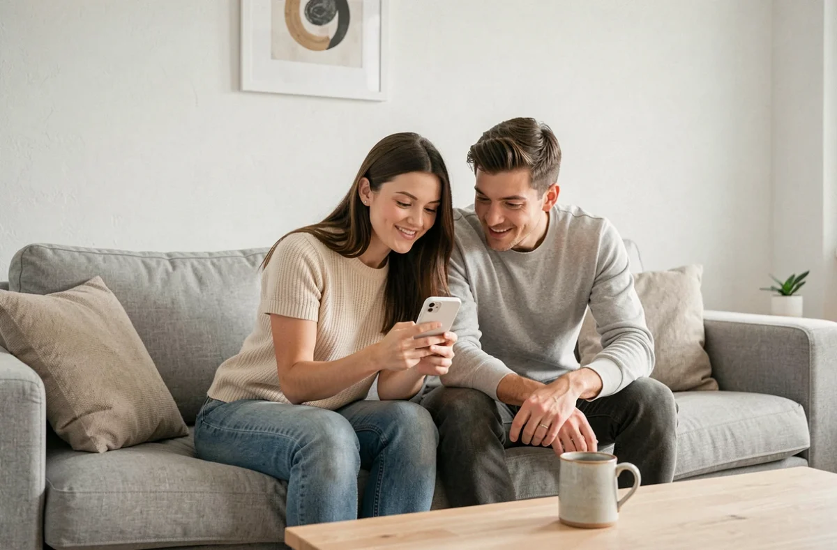 Deux amis regardant ensemble les demandes de suivi Instagram sur un canapé dans un salon moderne