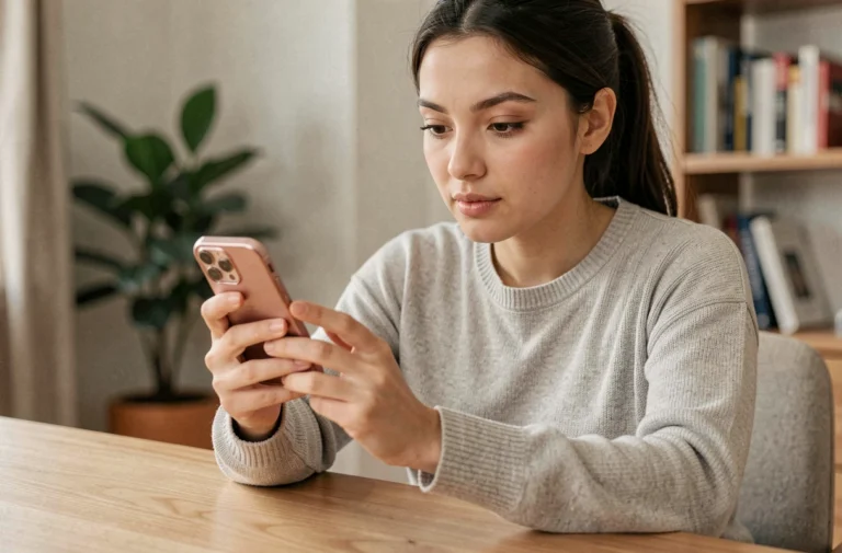 Jeune femme consultant les demandes de suivi Instagram sur son smartphone dans un bureau moderne