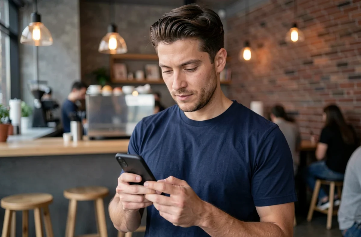 Homme vérifiant ses demandes de suivi Instagram sur son téléphone dans un café urbain