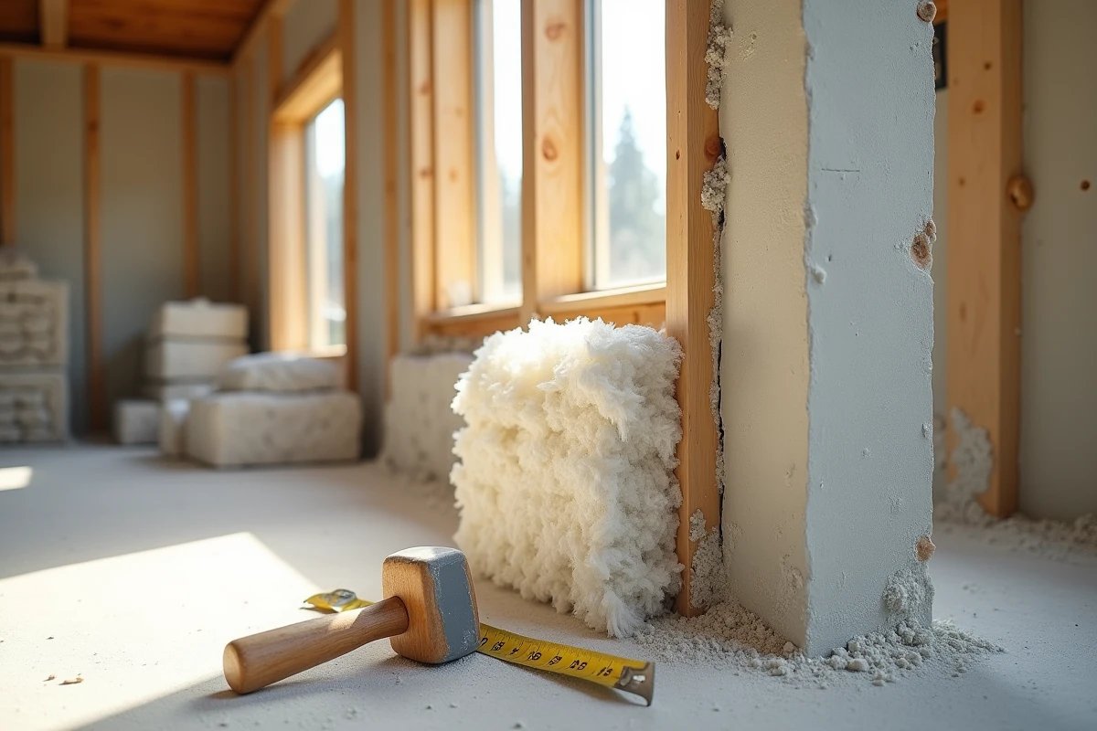 Détail de mur en construction écologique montrant des couches d'isolation en laine de mouton, ossature bois et enduit de chaux naturelle pour une maison durable
