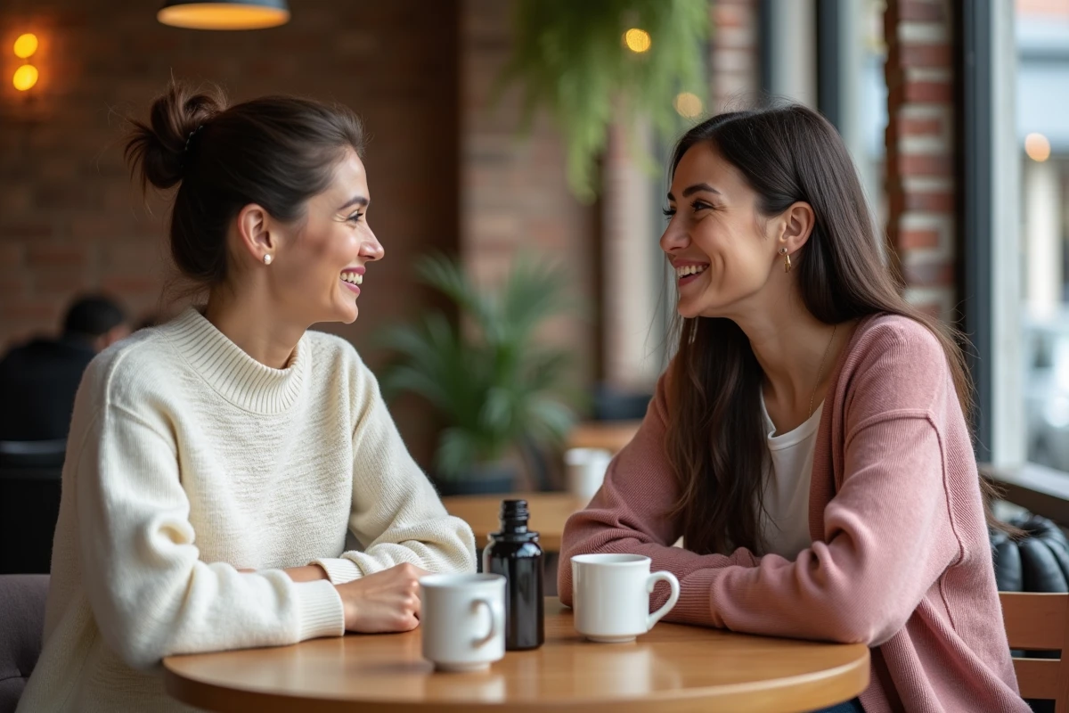 Deux femmes discutant d'avis sur Floravia Nutrisolution autour d'un café dans un cadre urbain chaleureux