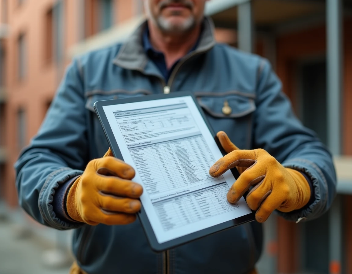 Mains d'un ouvrier tenant une tablette avec un devis et contrat de travaux immobiliers sur un chantier