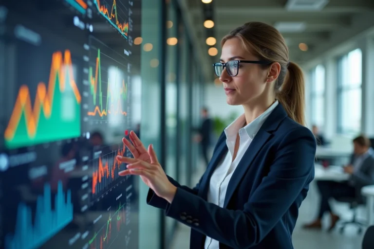 Dirigeante analysant des tendances technologiques sur un écran interactif dans un bureau moderne en 2024