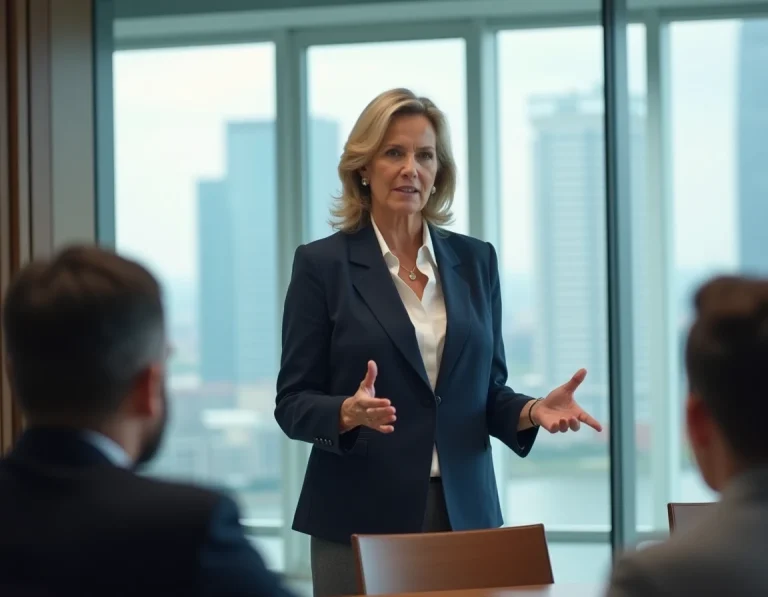 Dirigeante d'entreprise confiante en blazer marine présentant une stratégie à ses collaborateurs dans une salle de réunion moderne avec vue sur la ville