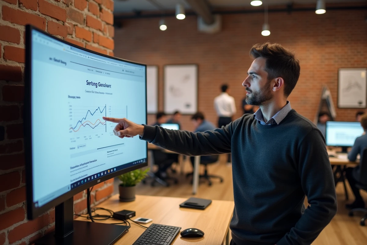 Entrepreneur présentant la stratégie de visibilité en ligne d'une entreprise sur un écran mural dans un espace de coworking