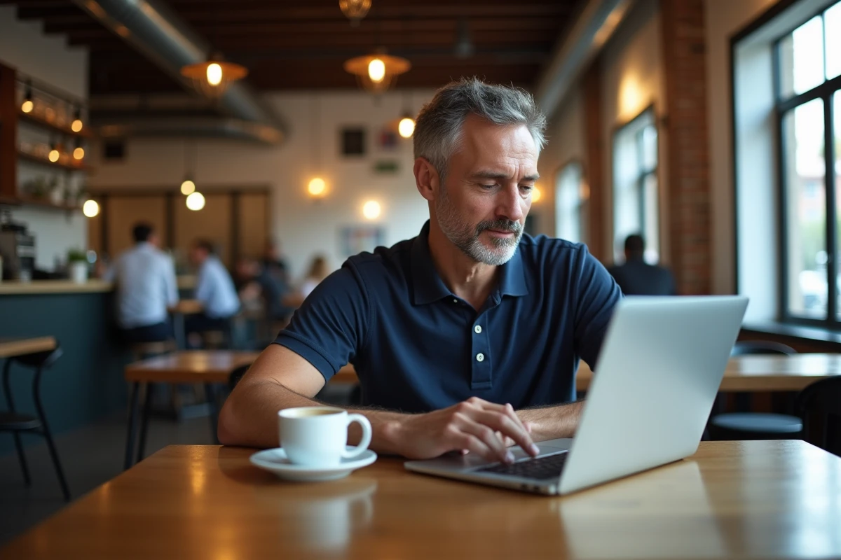 Entrepreneur masculin travaillant sur une stratégie SEO pour améliorer la visibilité de son entreprise en ligne dans un café urbain
