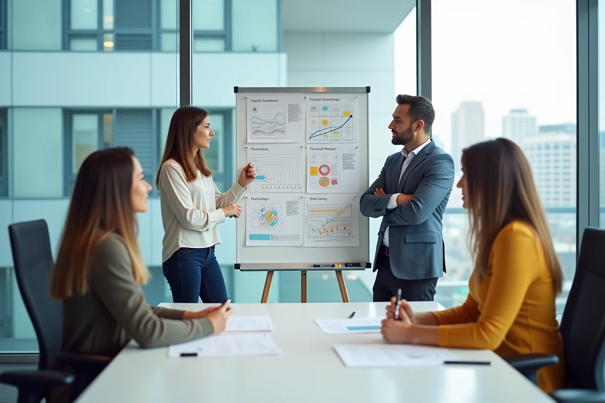 Équipe marketing collaborative élaborant une stratégie de visibilité digitale autour d'un tableau blanc dans une salle de réunion moderne