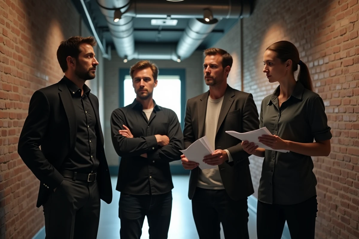 Équipe de tournage d'une série télévisée réunie dans un couloir de studio en moment de recueillement en hommage à un collègue disparu
