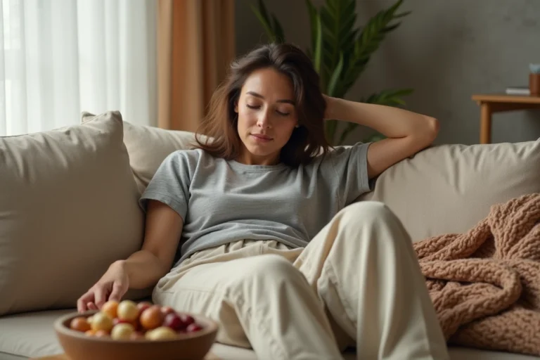 Femme qui se réveille d'une sieste et mange une collation sur son canapé, illustrant la faim après la sieste