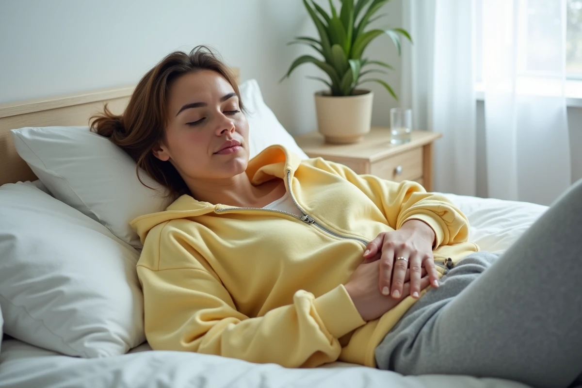 Femme allongée sur son lit après une sieste tenant son ventre, ressentant la faim après avoir dormi en journée
