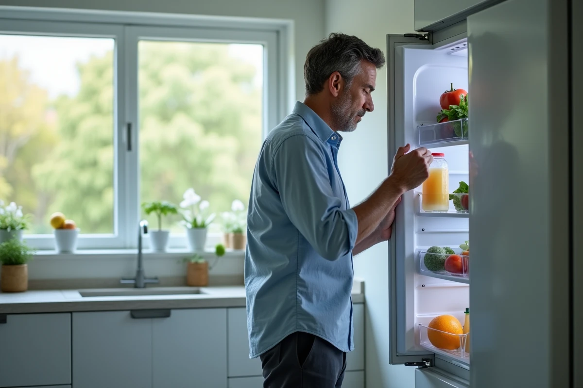 Homme qui ouvre le réfrigérateur après une sieste dans sa cuisine, cherchant à manger suite à une sensation de faim