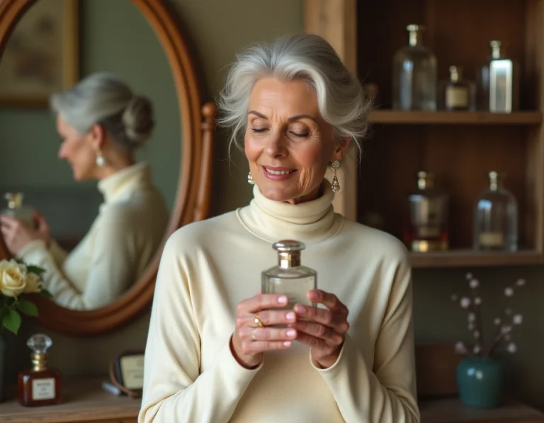 Femme élégante de 70 ans tenant un flacon de parfum vintage en verre devant son coiffeuse ancienne