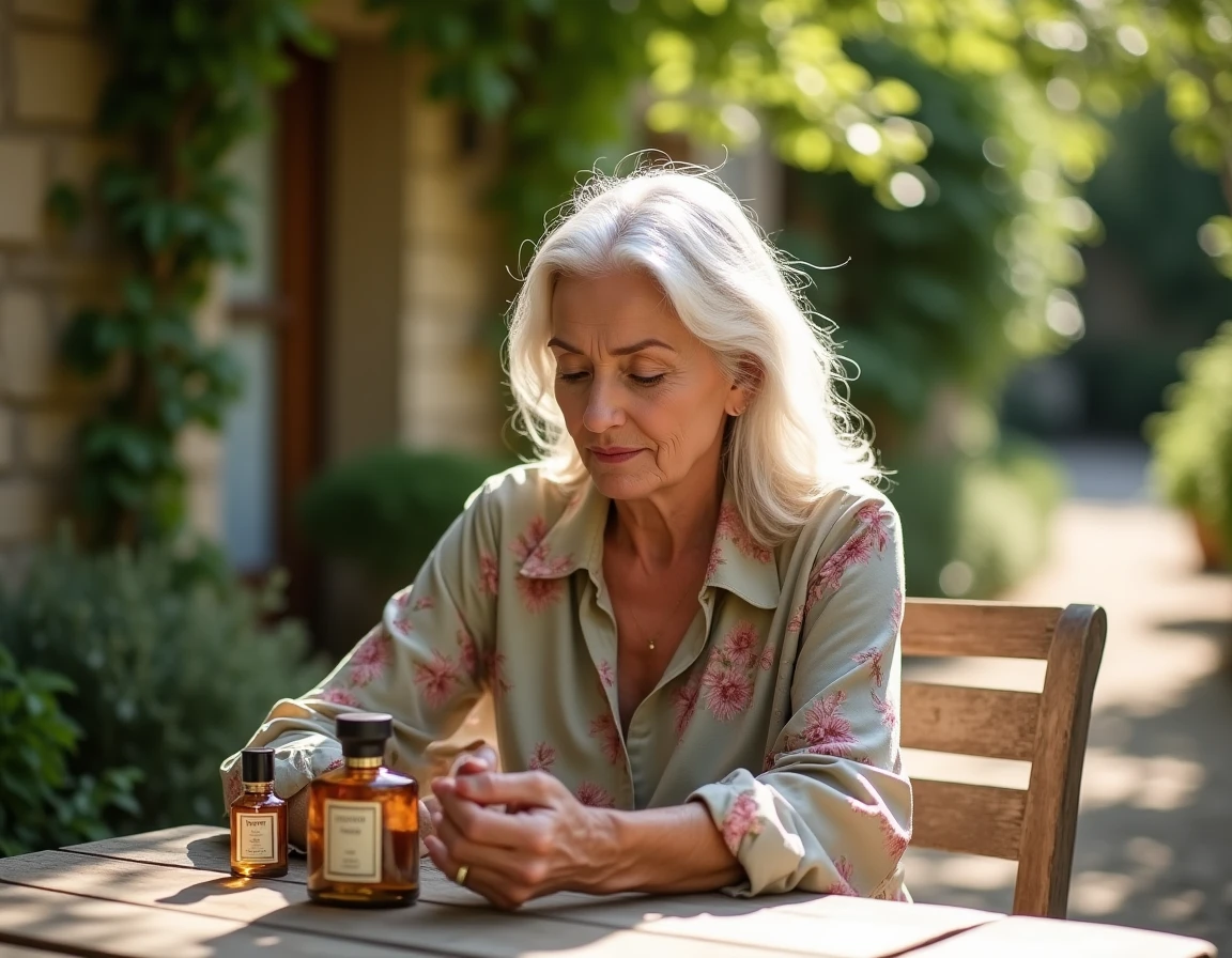 Femme de 70 ans comparant des flacons de parfum artisanaux dans un jardin de campagne française