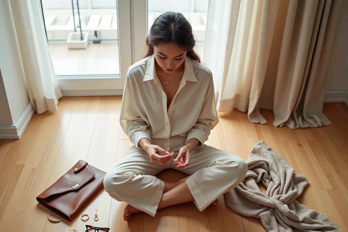 Jeune femme entourée d'accessoires de mode tendance disposés au sol dans un appartement moderne et lumineux