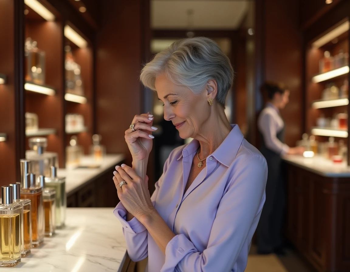 Femme âgée en train de tester un parfum dans une boutique de parfumerie de luxe à Paris
