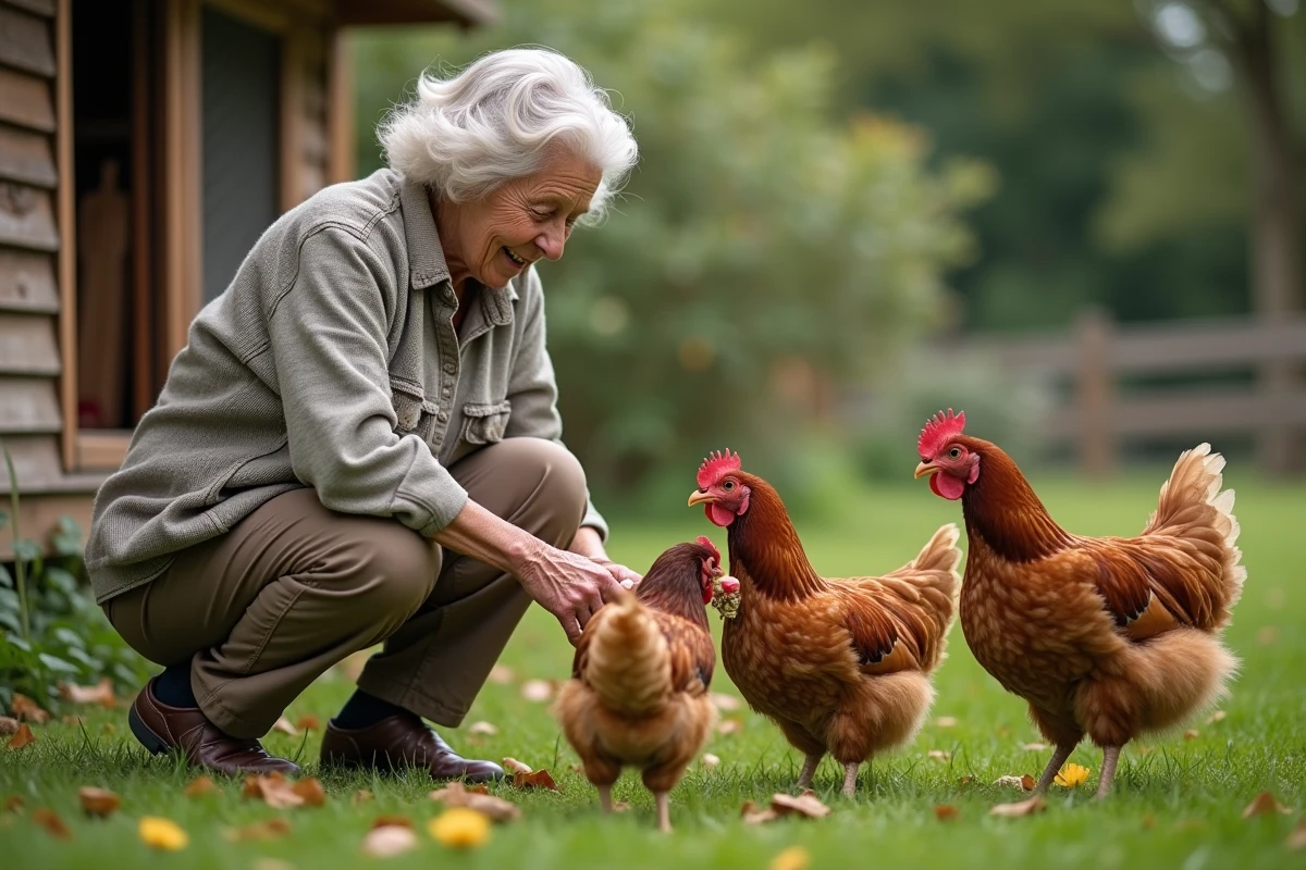 Femme âgée nourrissant des poules dans un jardin rural