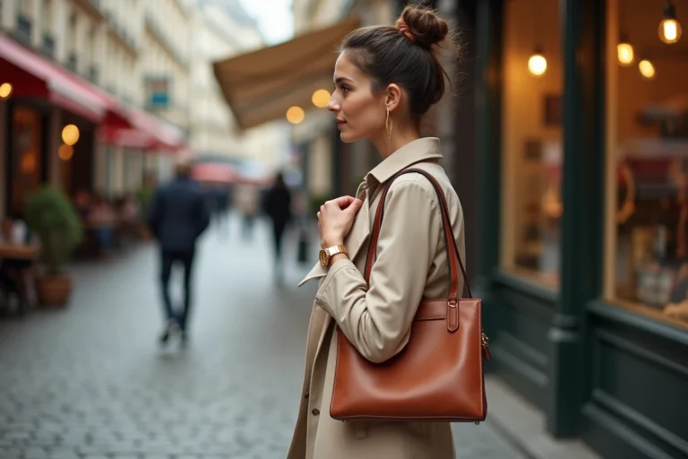 Femme élégante portant un trench coat beige et un sac en cuir structuré dans une rue parisienne pavée