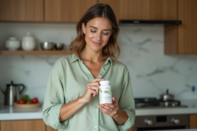 Femme lisant attentivement l'étiquette d'un complément nutritionnel Floravia Nutrisolution dans une cuisine moderne