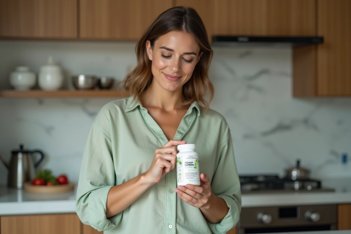 Femme lisant attentivement l'étiquette d'un complément nutritionnel Floravia Nutrisolution dans une cuisine moderne