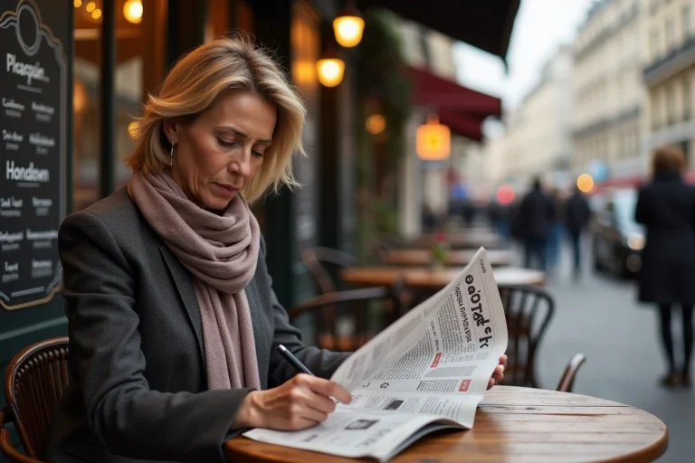 Femme française lisant journal financier sur terrasse parisienne