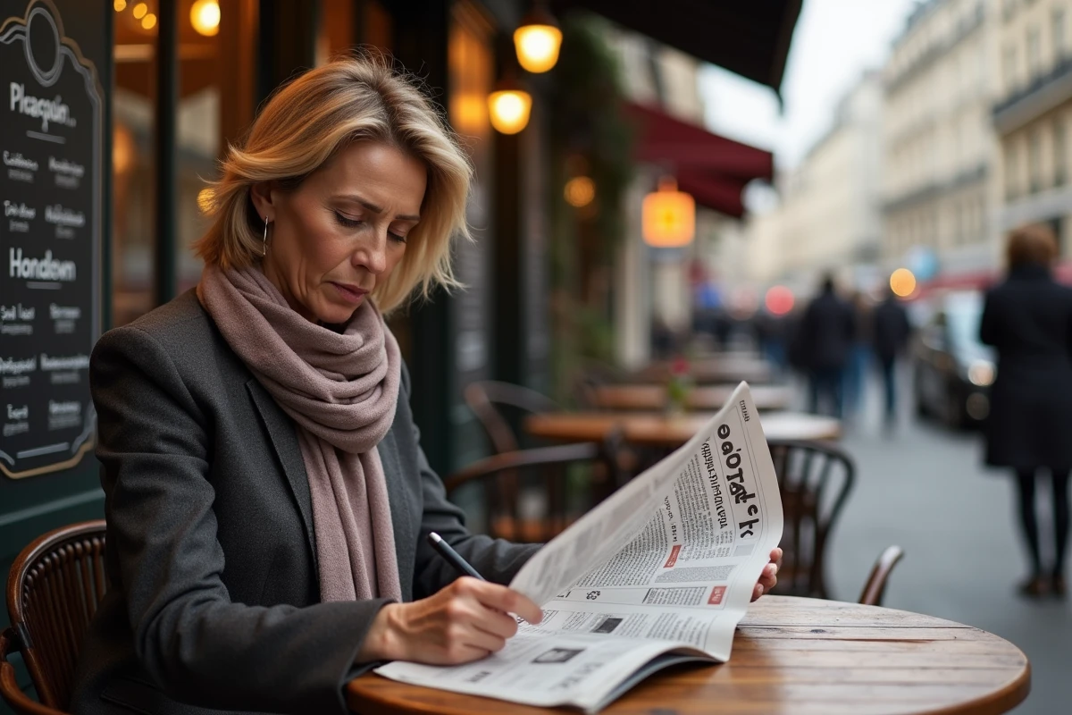 Femme française lisant journal financier sur terrasse parisienne