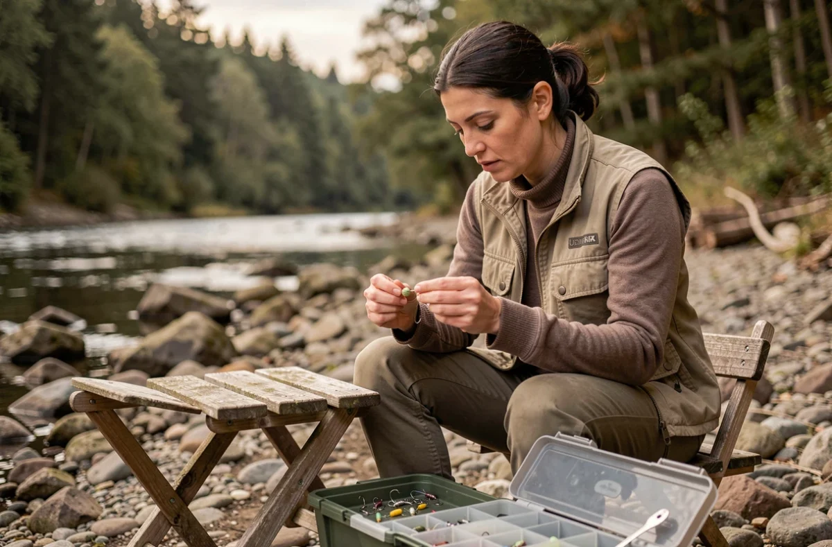 Femme pêcheuse préparant son appât au bord d'une rivière ardennaise avec boîte à pêche ouverte et forêt en arrière-plan