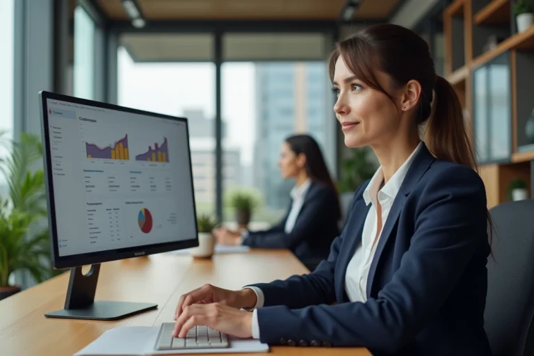 Femme professionnelle analysant les statistiques de visibilité de son site internet d'entreprise sur un écran d'ordinateur dans un bureau moderne