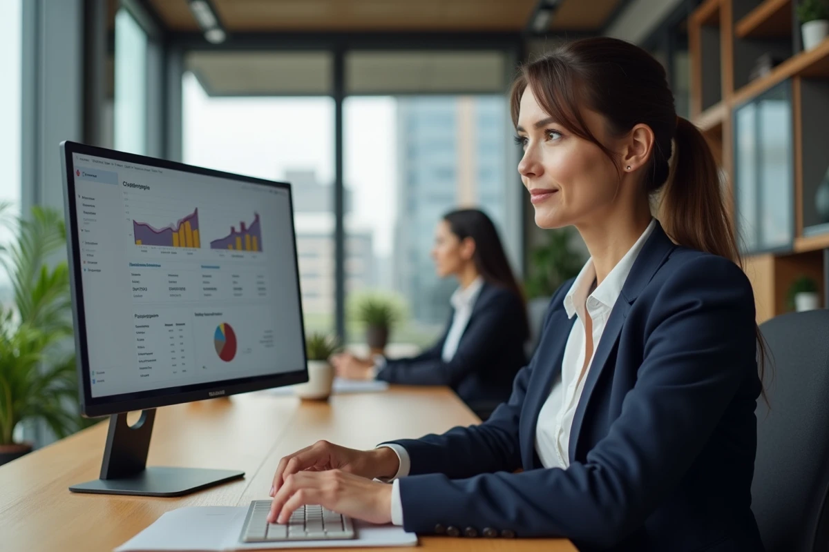 Femme professionnelle analysant les statistiques de visibilité de son site internet d'entreprise sur un écran d'ordinateur dans un bureau moderne