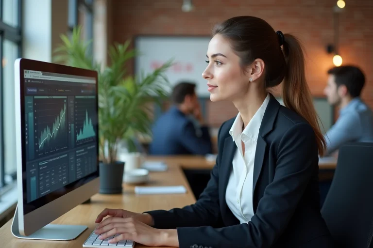 Femme professionnelle analysant des tableaux de bord de visibilité en ligne sur un écran d'ordinateur dans un bureau moderne