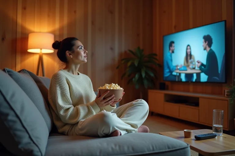 Femme regardant une série en streaming sur son canapé avec du popcorn dans un salon cosy
