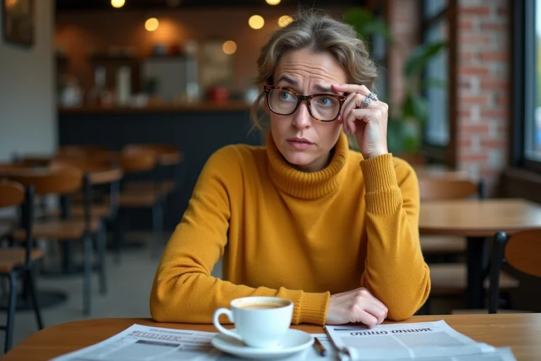 Femme surprise en train de lire des actualités insolites dans un café parisien