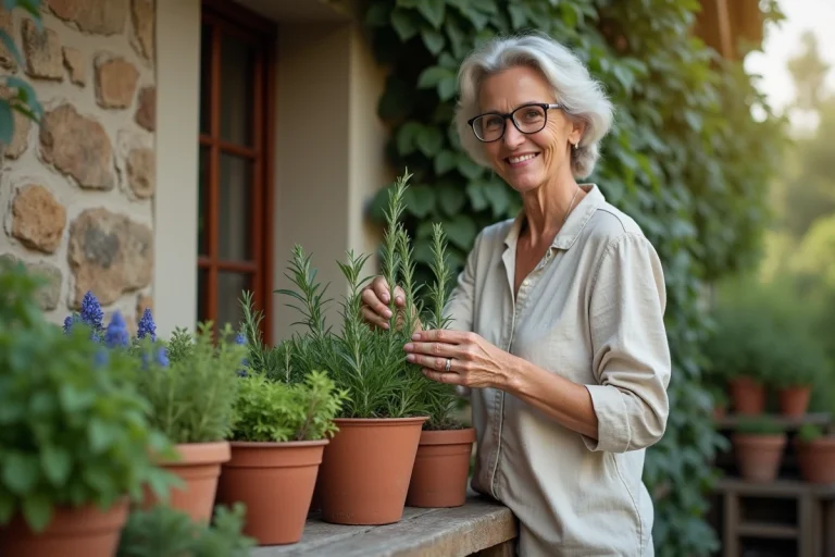 Femme taillant un romarin sur un balcon méditerranéen