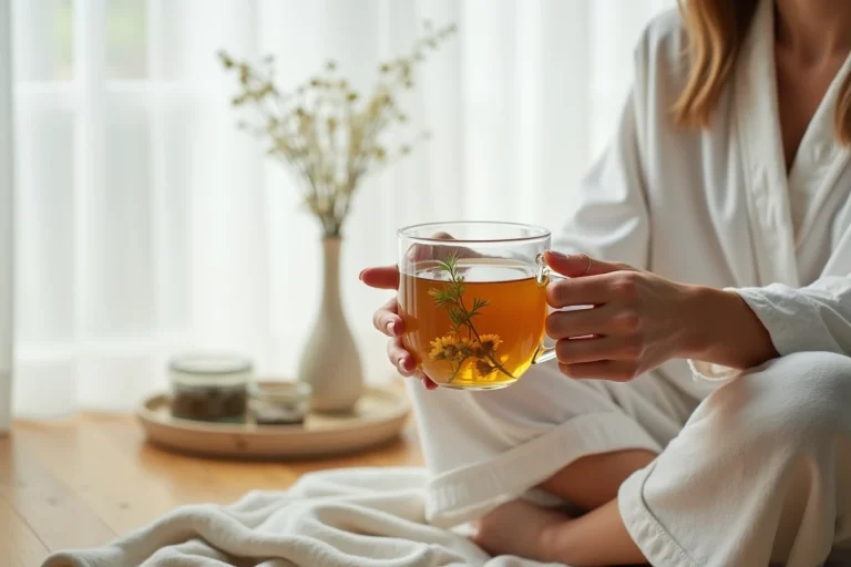 Femme en robe de lin blanc tenant une tasse de thé détox Lulutox le matin dans une atmosphère zen et apaisante