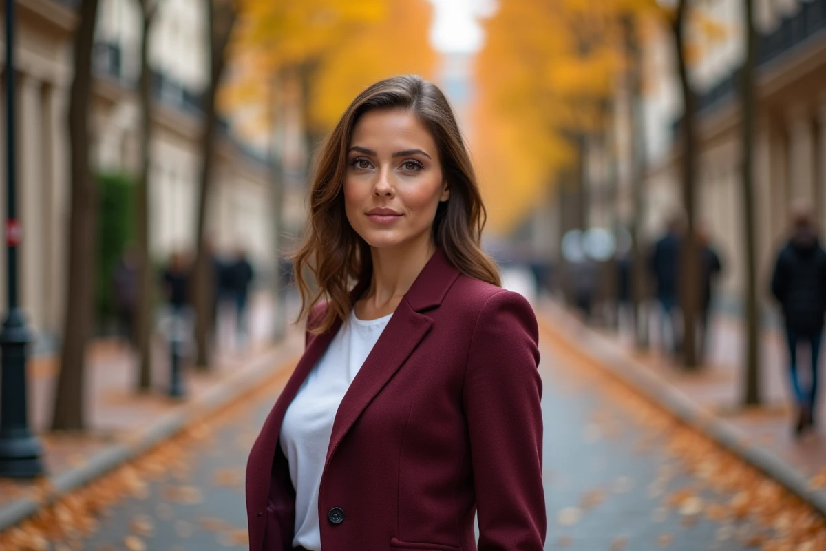Femme aux yeux noisette en blazer bordeaux sur un boulevard parisien en automne, teintes de vêtements qui subliment le regard noisette
